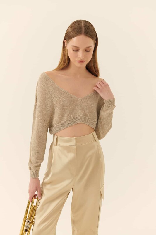 Yakası Geniş Triko Crop Bej - 3