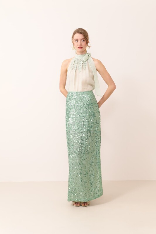 Yandan Yırtmaçlı Payet Etek Mint - 1