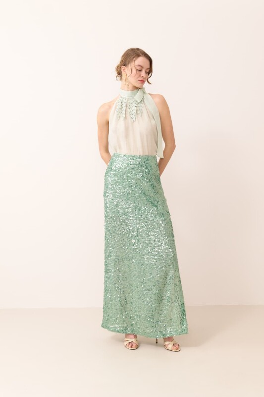 Yandan Yırtmaçlı Payet Etek Mint - 4