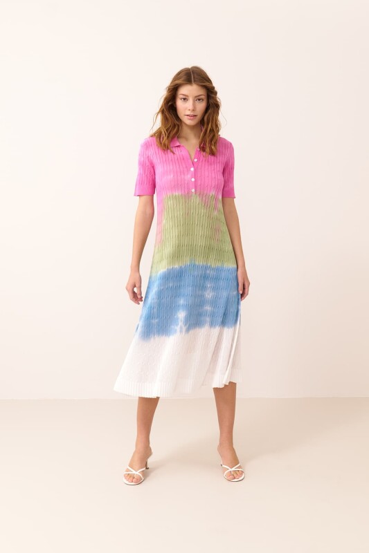 Batik Triko Midi Boy Elbise Pembe - Multi 
