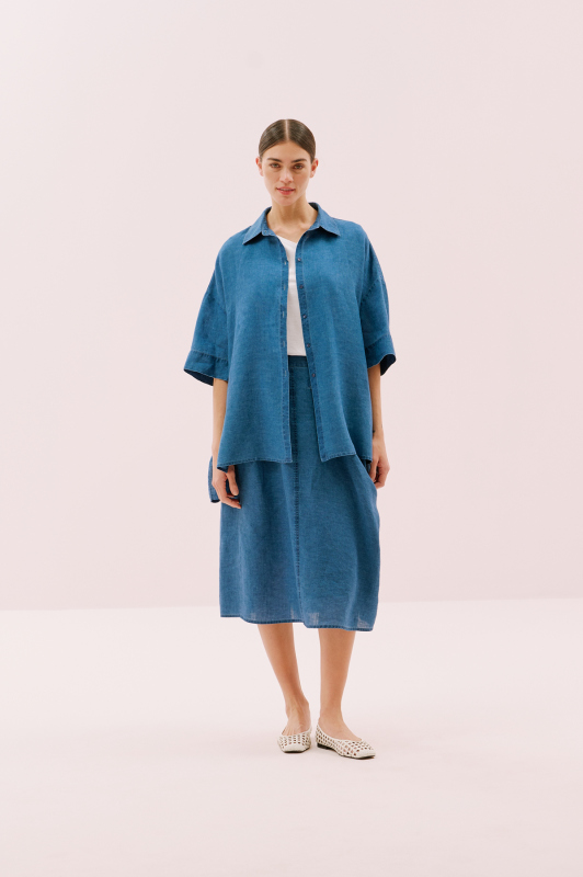 Oversize Kısa Kol Keten Gömlek İndigo - 4
