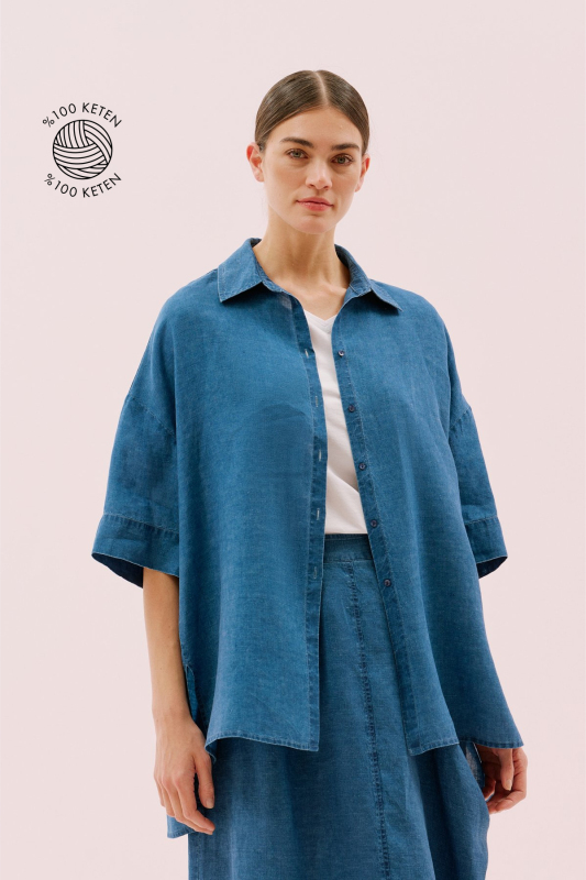 Oversize Kısa Kol Keten Gömlek İndigo - 1