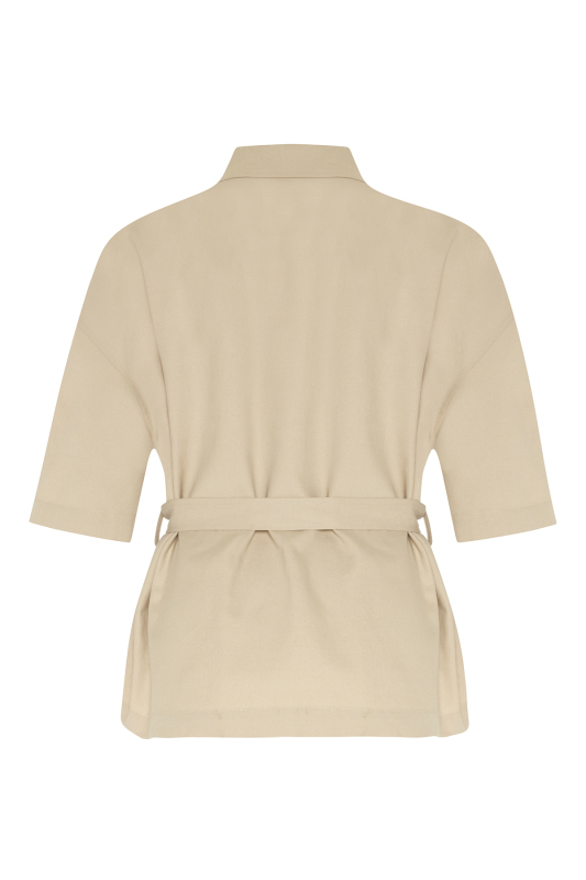 Keten Karışımlı Beli Kemerli Kısa Kol Ceket Bej - 2