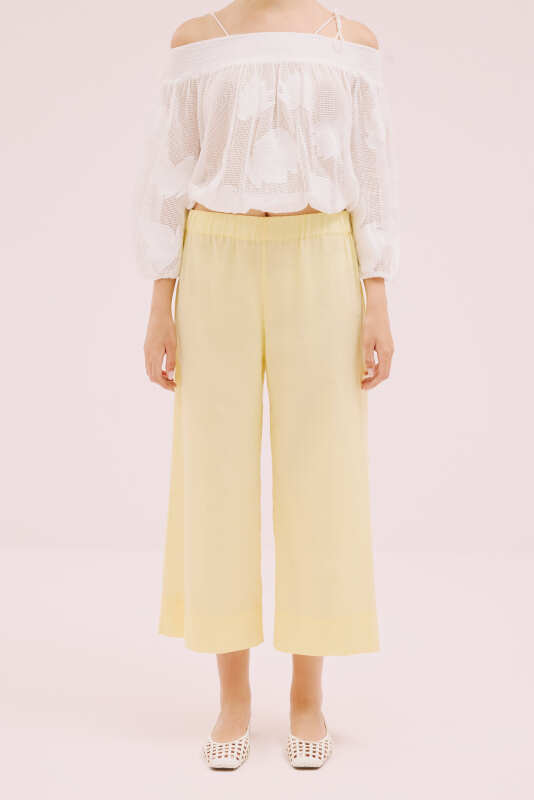 Beli Lastikli Geniş Paça Pantolon Sarı - 1