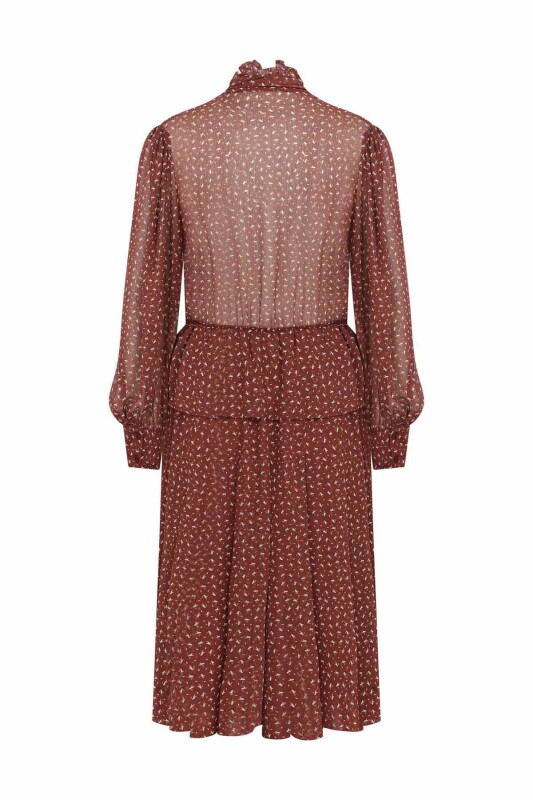  Yaka Bağlamalı Desenli Elbise Standart Renk - 5