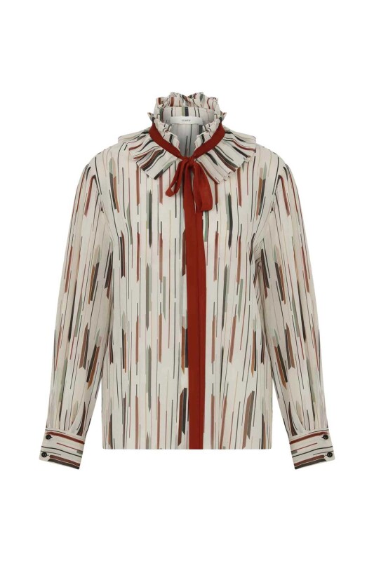  Yaka Bağlamalı Desenli Kadın Gömlek Standart Renk - 4