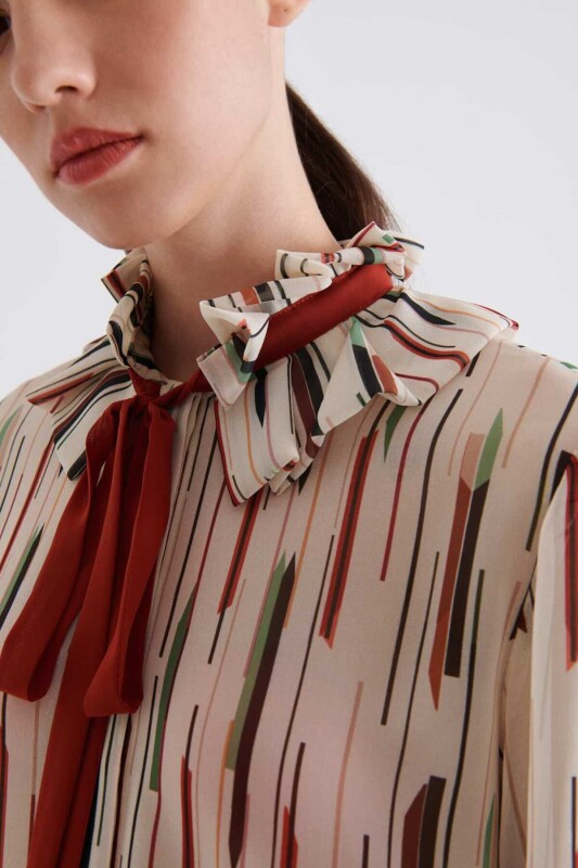  Yaka Bağlamalı Desenli Kadın Gömlek Standart Renk - 3