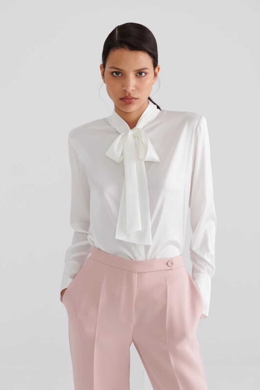  Yaka Bağlamalı Kadın Gömlek Beyaz - 1