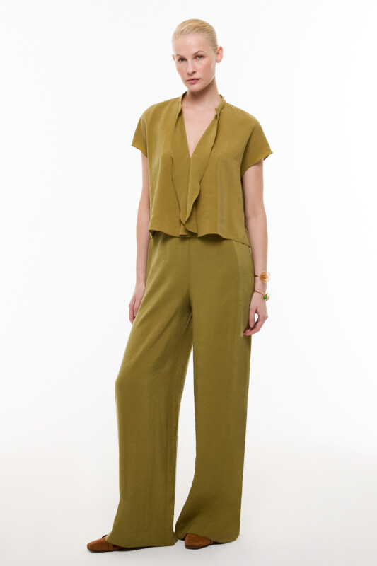 Yaka Detaylı Düşük Omuz Bluz Olive - 3