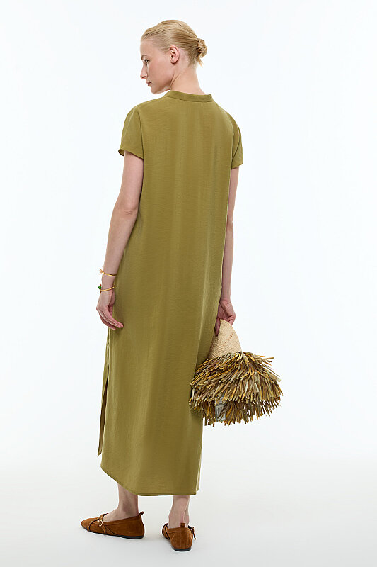 Yaka Detaylı Düşük Omuz Midi Elbise Olive - Roman (1)