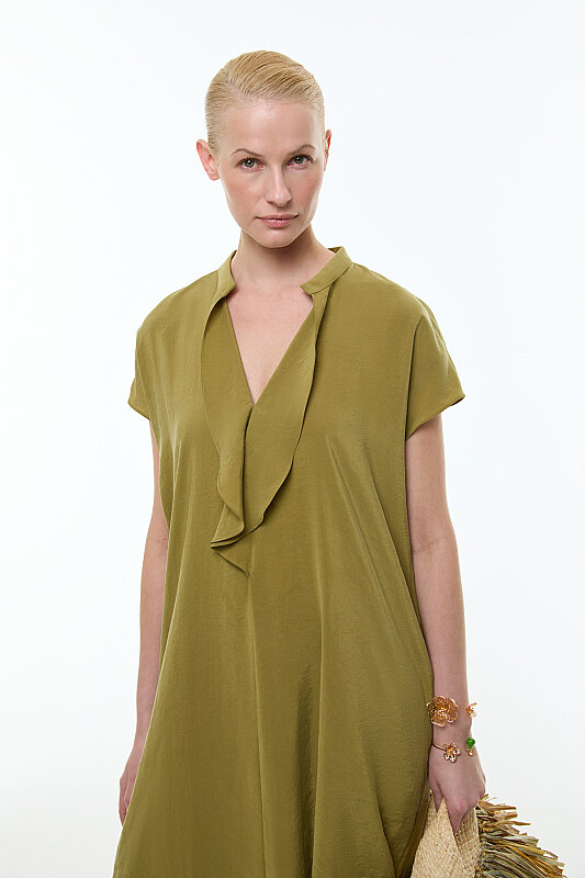 Yaka Detaylı Düşük Omuz Midi Elbise Olive - 4