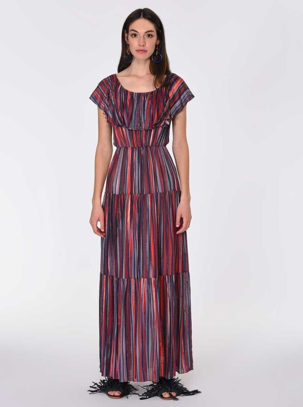 Yaka Volanlı Çizgili Uzun Elbise Standart Renk - 1