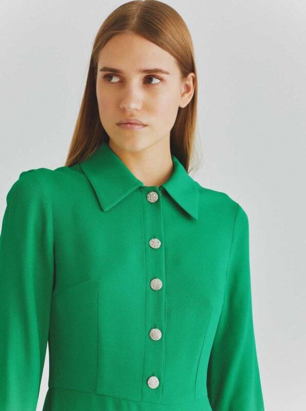  Yakalı Düğme Detaylı Günlük Elbise Yeşil - 3