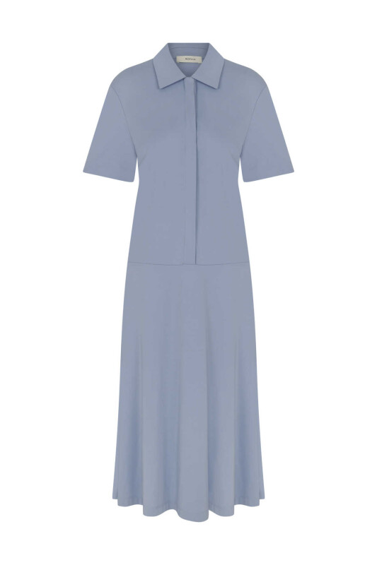 Yakalı Uzun Elbise Mavi - 4