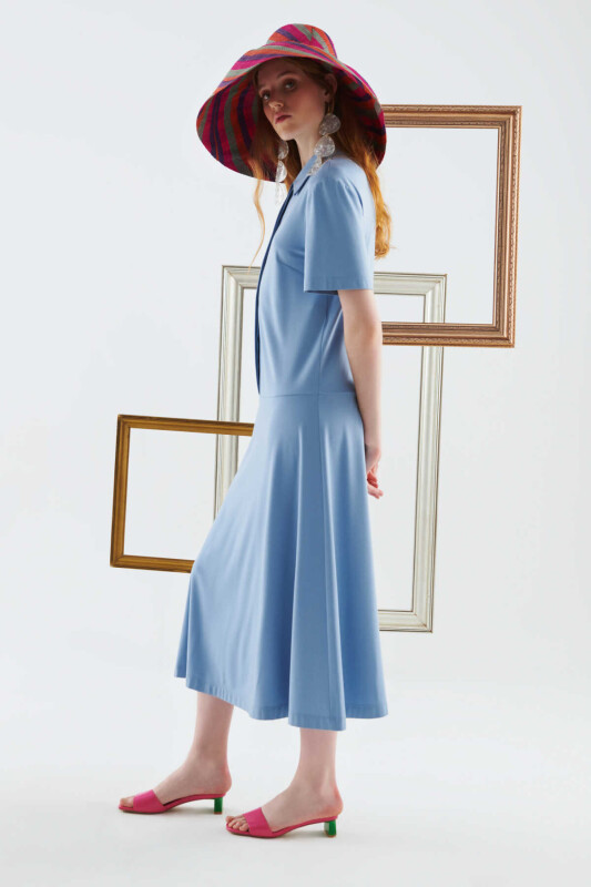 Yakalı Uzun Elbise Mavi - 3