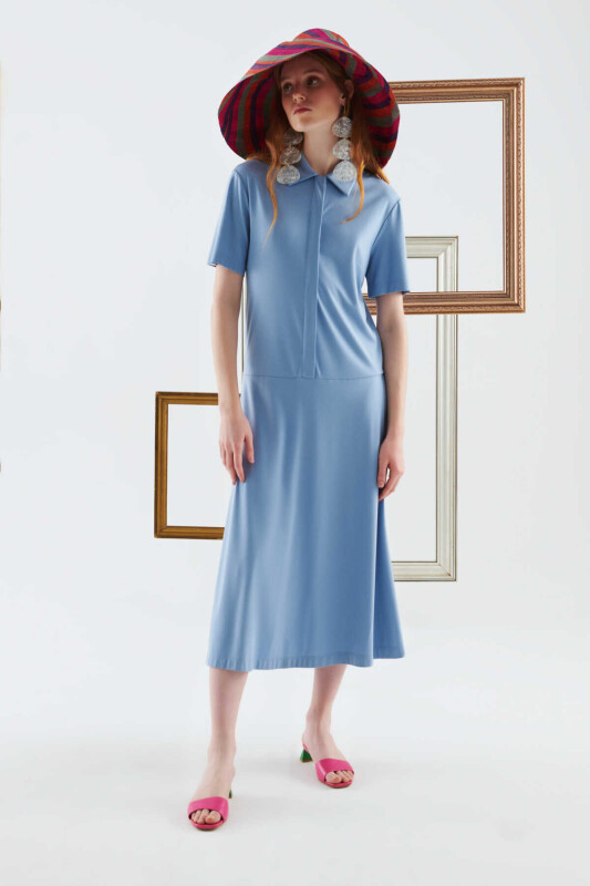 Yakalı Uzun Elbise Mavi - 1