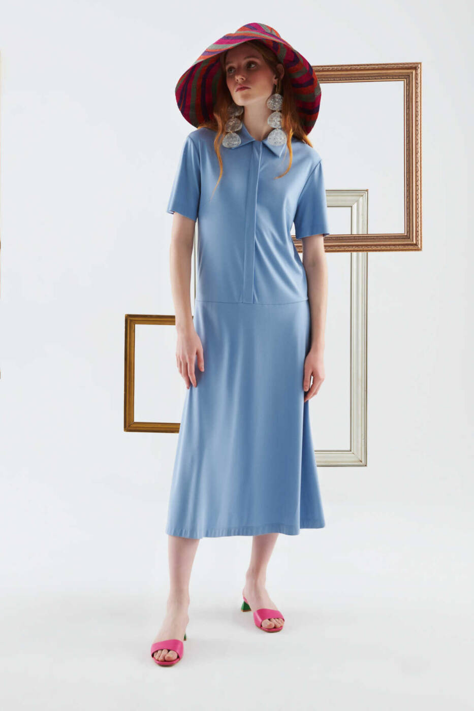 Yakalı Uzun Elbise Mavi - 1