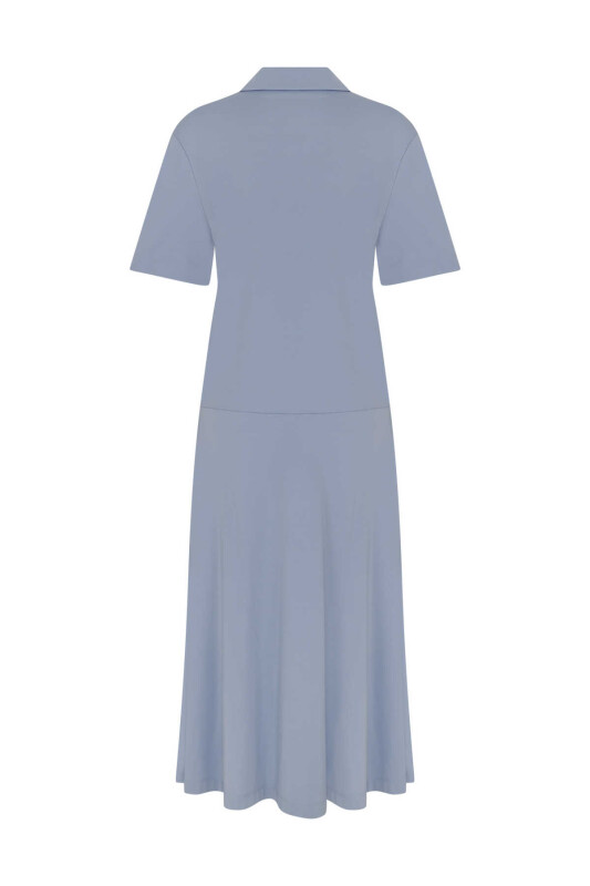 Yakalı Uzun Elbise Mavi - 5