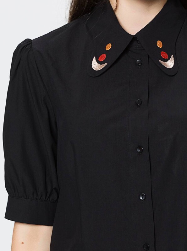  Yakası Aplike Detaylı Yarım Kollu Gömlek Siyah - 4