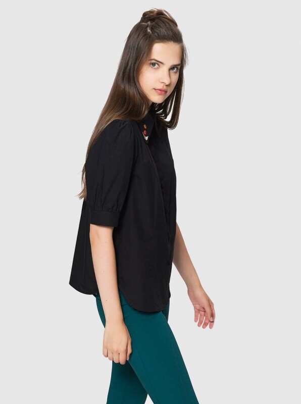  Yakası Aplike Detaylı Yarım Kollu Gömlek Siyah - 3