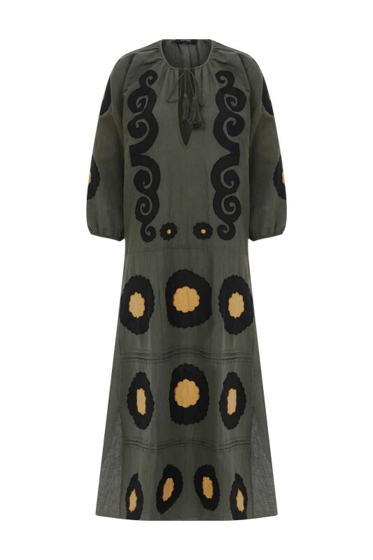 Yakası Bağlamalı Desenli Günlük Elbise Standart Renk - 4