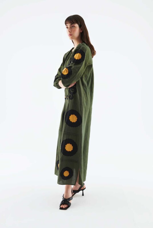 Yakası Bağlamalı Desenli Günlük Elbise Standart Renk - 3