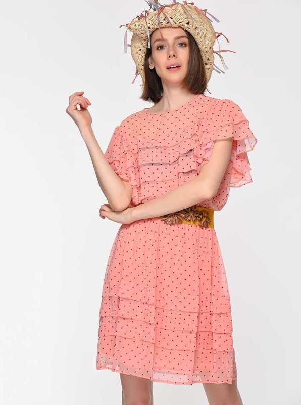 Yakası Etek Ucu Fırfırlıı Puantiyeli Günlük Elbise Pembe - 1