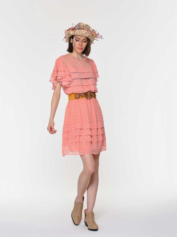 Yakası Etek Ucu Fırfırlıı Puantiyeli Günlük Elbise Pembe - 3