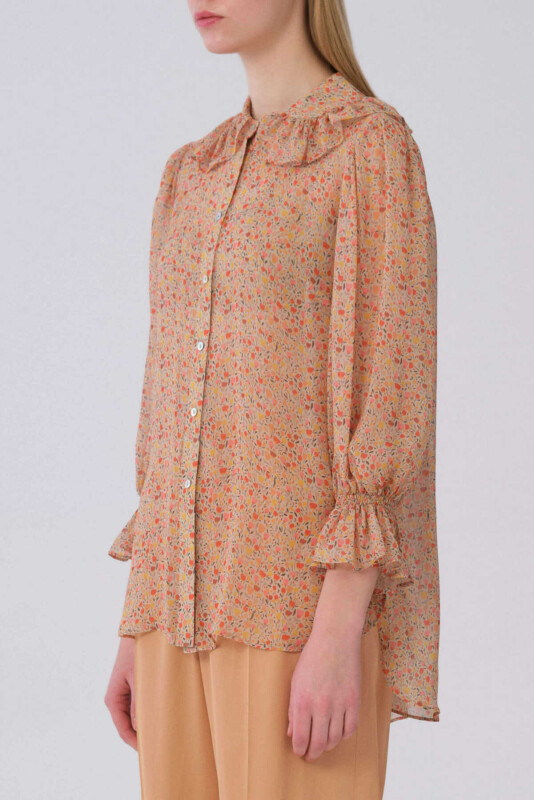 Yakası Fırfırlı Uzun Kol Çiçek Desenli Gömlek Standart Renk - 3