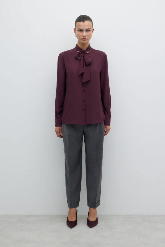 Yakası Fular Detaylı Gömlek Bordo - 4