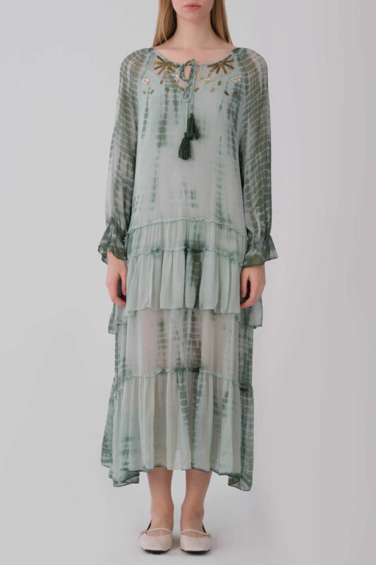 Yakası İşlemeli Otantik Uzun Kadın Elbise Standart Renk - 1