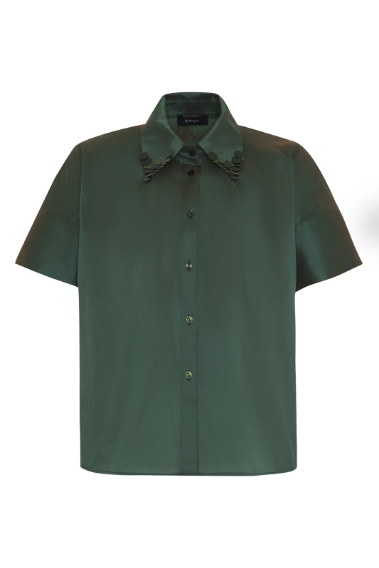Yakası Payet İşlemeli Tafta Gömlek Yeşil - Roman