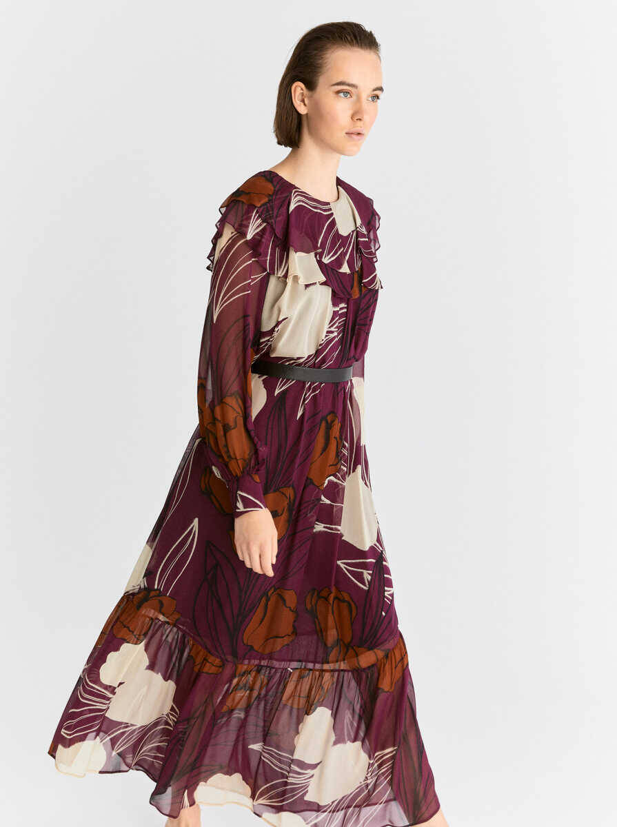  Yakası Volanlı Uzun Desenli Şifon Elbise Standart Renk - 4