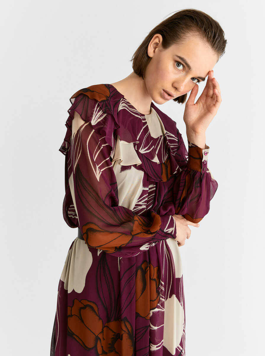  Yakası Volanlı Uzun Desenli Şifon Elbise Standart Renk - 3