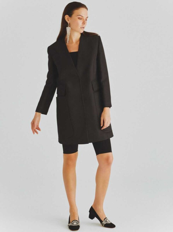  Yakasız Cep Detaylı Ceket Siyah - 1