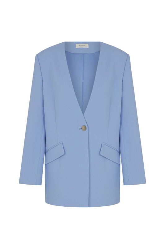 Yakasız Kadın Ceket Mavi - 4