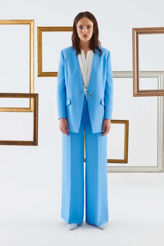 Yakasız Kadın Ceket Mavi - 3