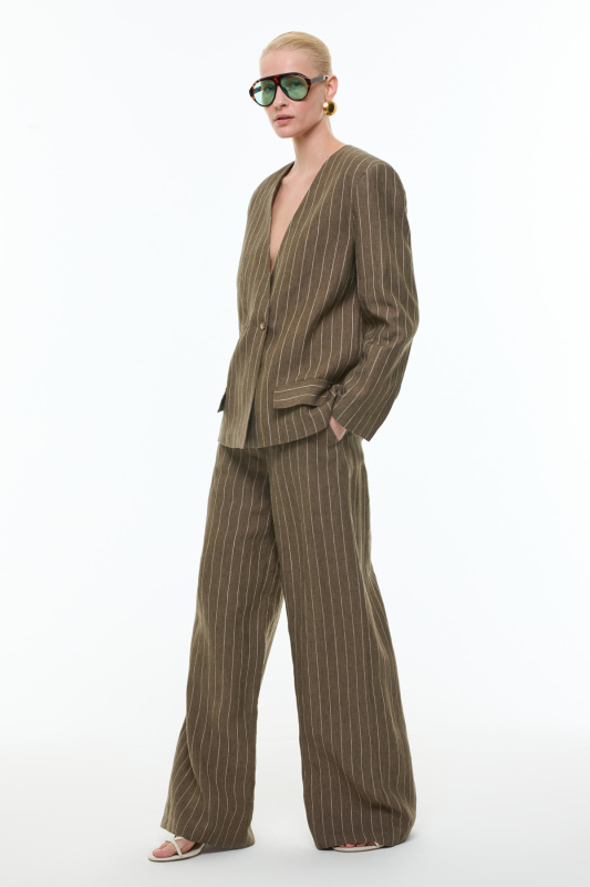 Yakasız Kruvaze Keten Ceket Haki - 5