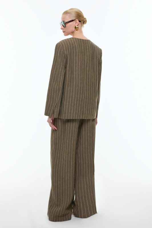 Yakasız Kruvaze Keten Ceket Haki - Roman (1)