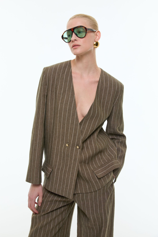 Yakasız Kruvaze Keten Ceket Haki - Roman