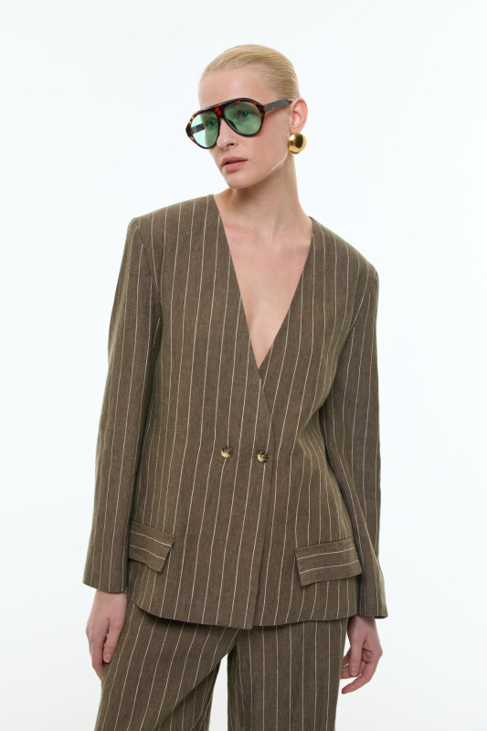 Yakasız Kruvaze Keten Ceket Haki - 4