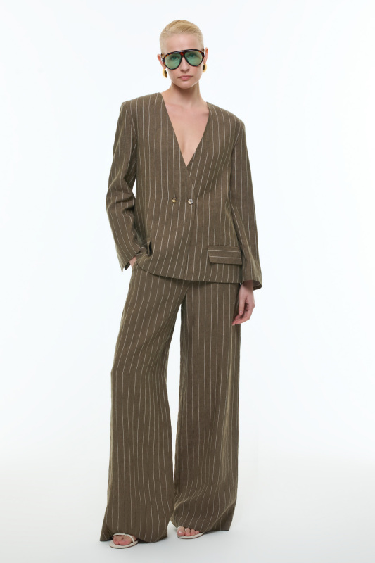 Yakasız Kruvaze Keten Ceket Haki - 3