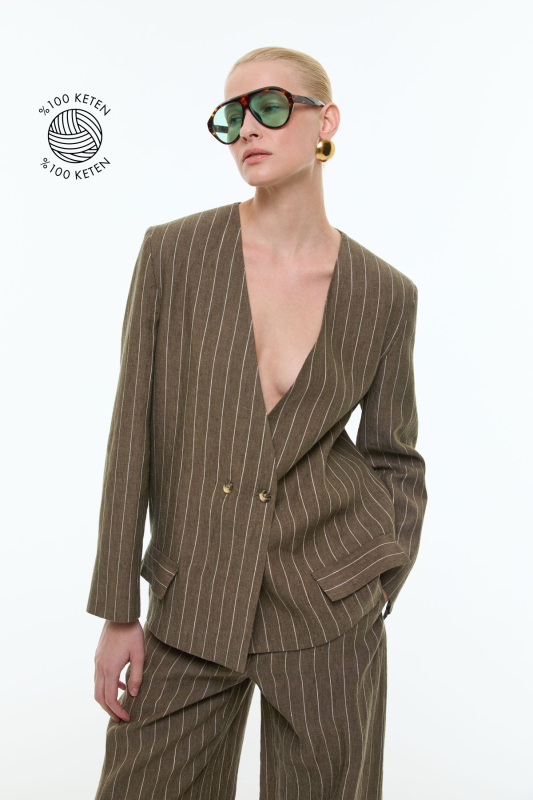 %100 Keten Yakasız Kruvaze Ceket Haki - Roman