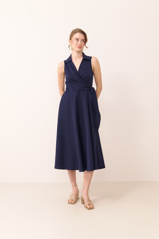 Yandan Bağlamalı Poplin Elbise Lacivert - 1