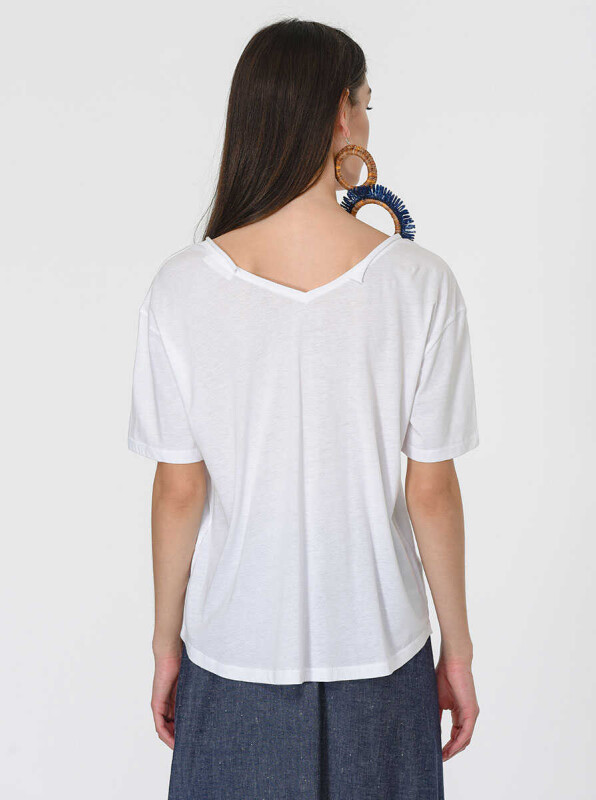 Yaprak Desenli T-Shirt Optik Beyaz - 2