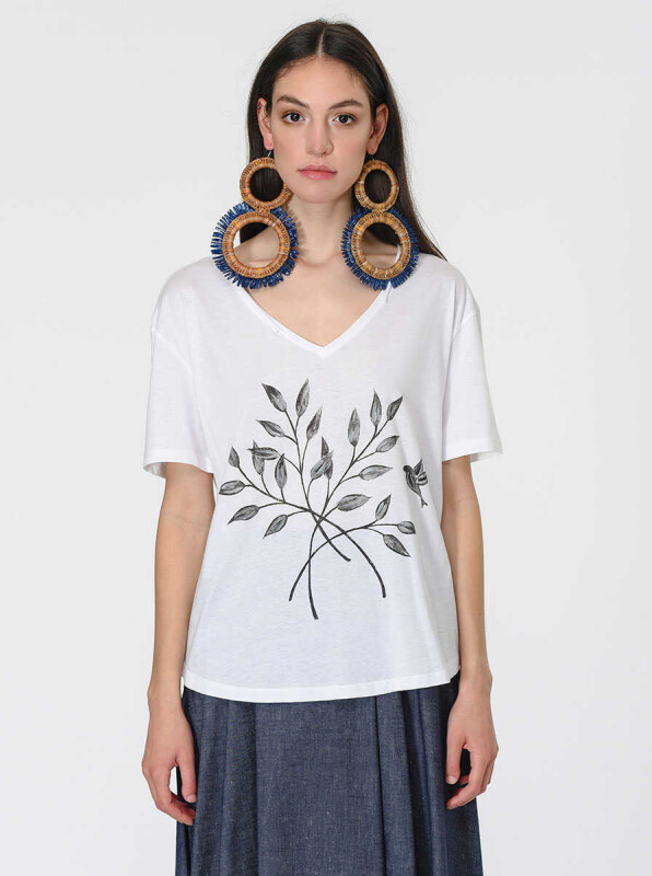Yaprak Desenli T-Shirt Optik Beyaz 