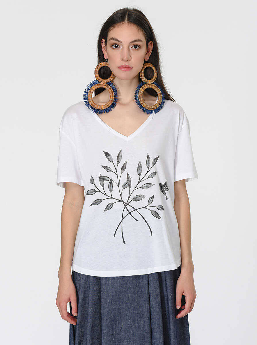 Yaprak Desenli T-Shirt Optik Beyaz - 4