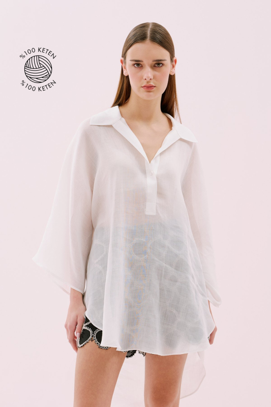 Yarasa Kol Keten Tunik Ekru - Roman