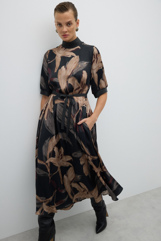 Yarım Balıkçı Beli Bağcıklı Midi Boy Elbise Standart Renk - 5