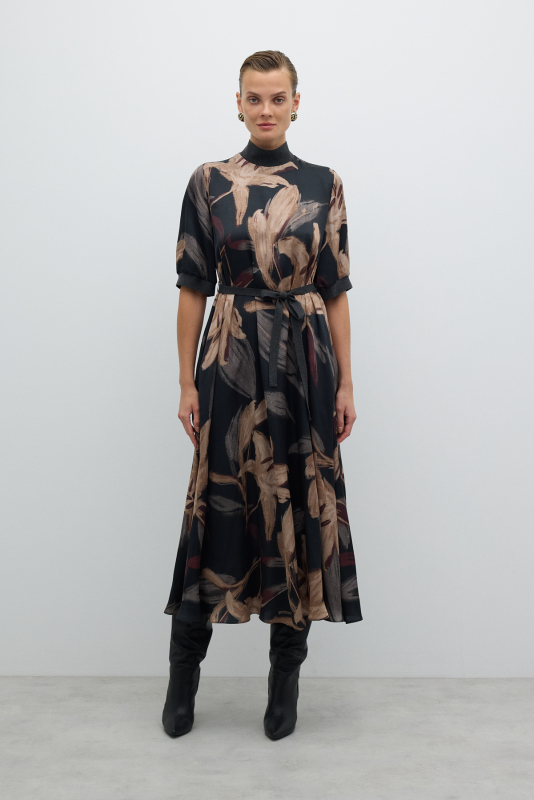 Yarım Balıkçı Beli Bağcıklı Midi Boy Elbise Standart Renk - 1